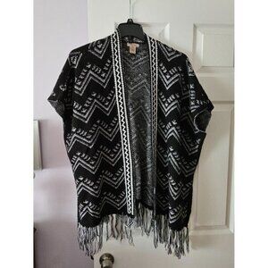 Southwest Pattern Open Front Cardigan With Fringe Hem by Fresh Sz M Cozy Comfort